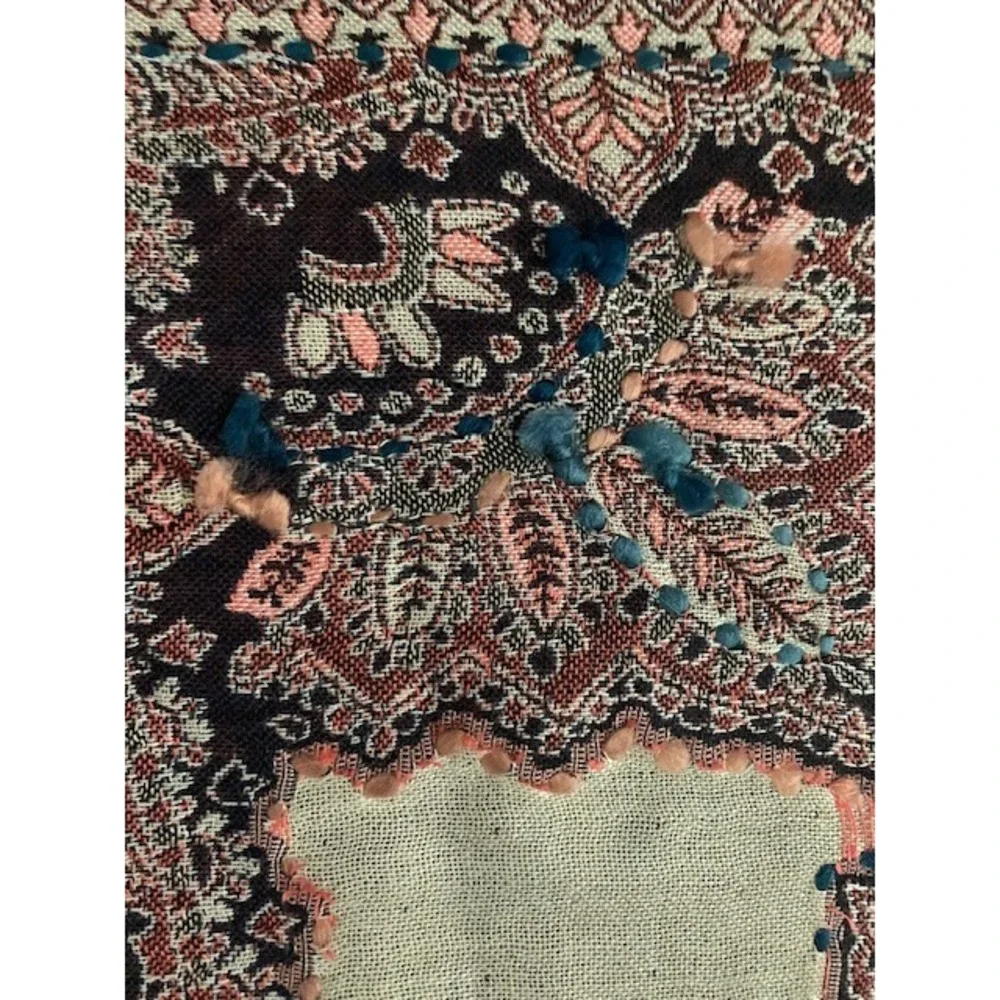 J. Jill Navy Blue Cream Paisley Oversized Wrap Scarf Viscose Rayon Fringed Shawl